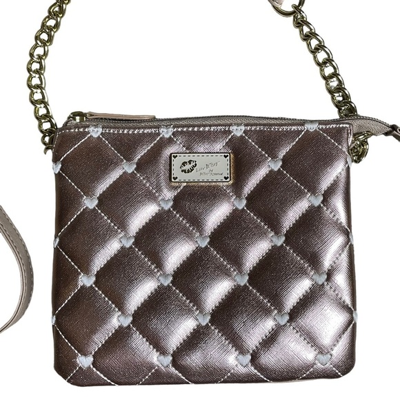 "LUV Betsey" Betsey Johnson Small Rose Gold Quilted w/Hearts Crossbody Bag - Picture 5 of 14